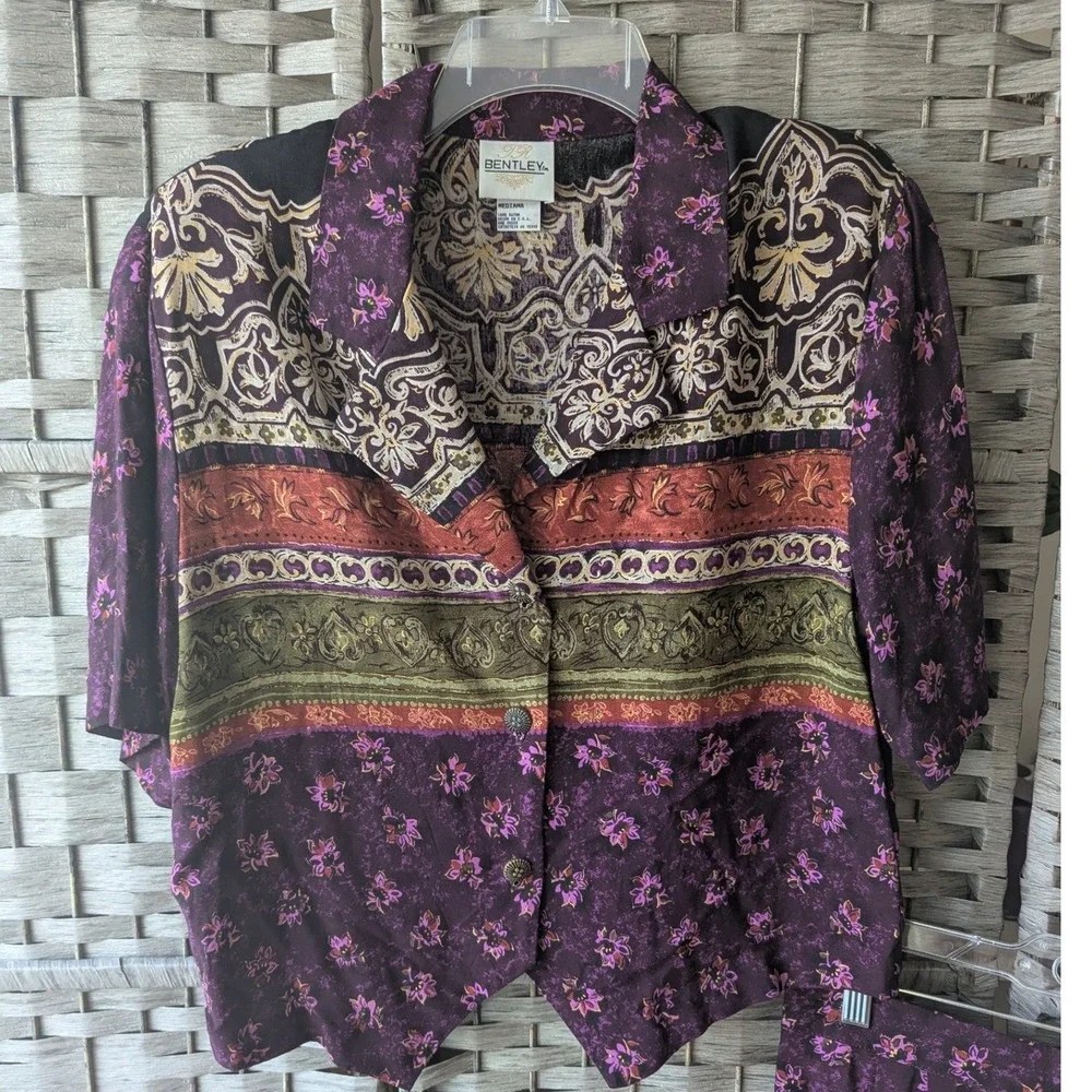 Vtg 90s 2 Pc Set Shorts Purple Floral‎ Rayon Button Up Short Sleeve Top Artsy MD
